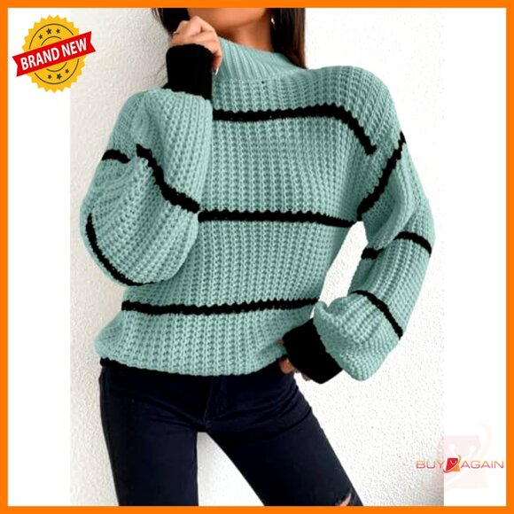 High-Neck Cropped Sweater Striped Stand-Up Collar Dropped Shoulder Knitted - Picture 5 of 7